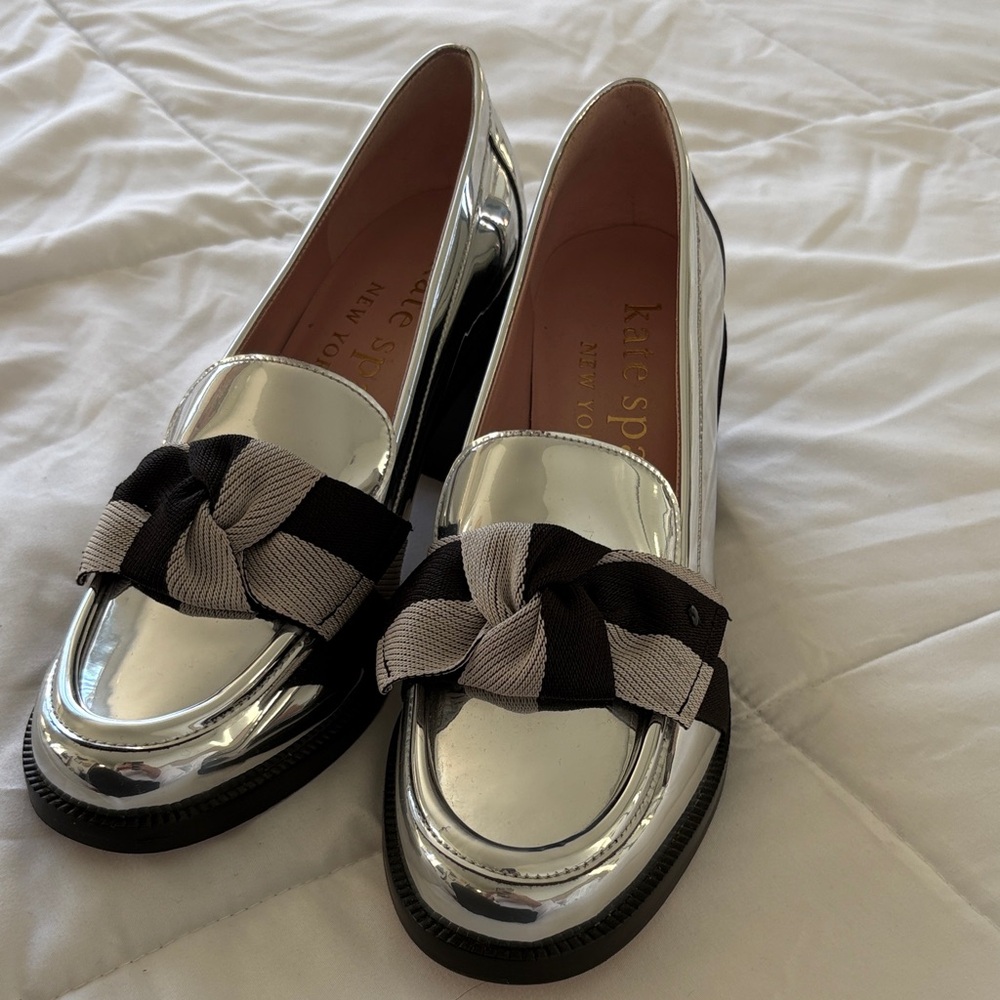 Kate Spade Metallic Silver Loafers with Black Bow